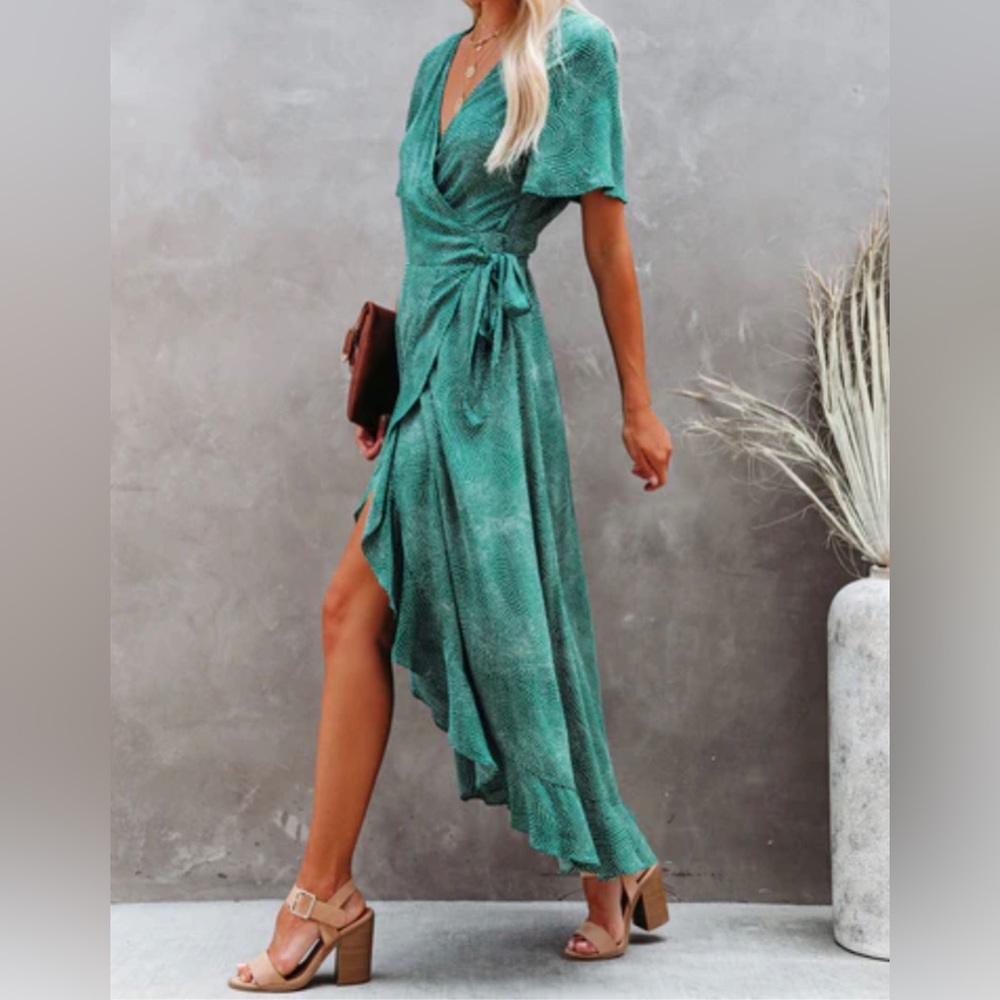 Green small polka dot wrap dress